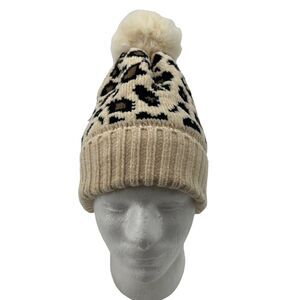Maris DeHart Beanie Womens One Size Beige Cheetah Leopard Faux Fur Pom Pom Knit